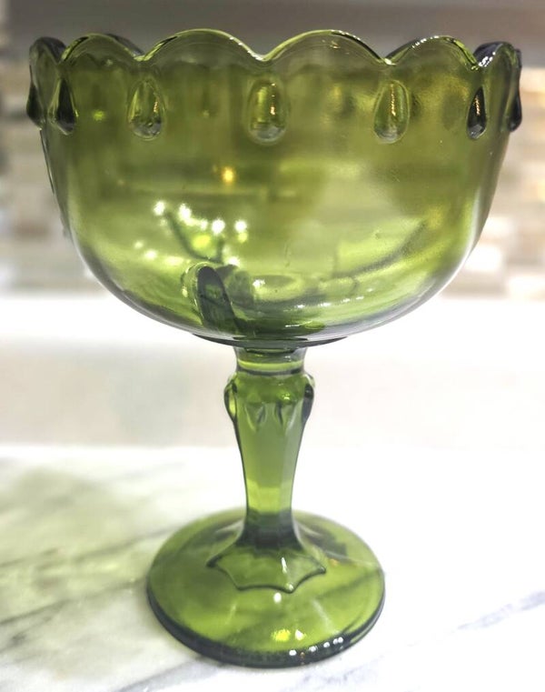 Indiana Glass Green Compote Dish-Teardrop Pattern/Scalloped Edge