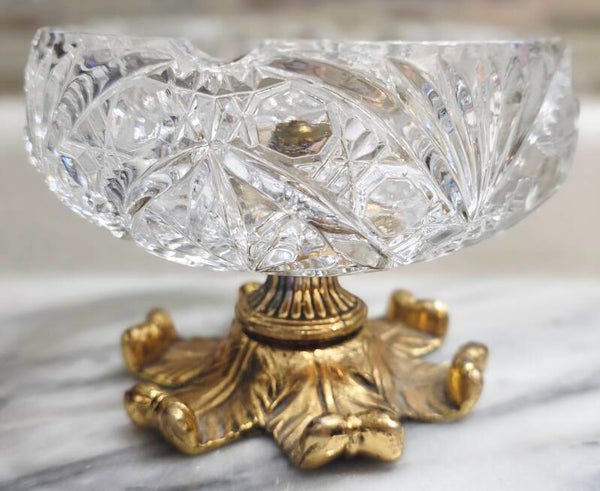 Vintage Cut Glass Crystal Compote with Brass Pedestal