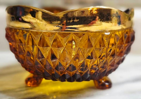 Vintage Indiana Glass Amber Diamond Point Footed Bowl with Gold Rim