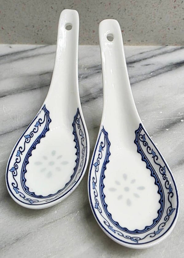 Vintage Blue and White Ceramic Asian Soup Spoons-Set of 2