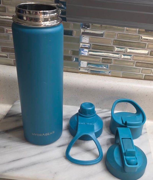 HydraGear 22oz Insulated Stainless Blue Water Bottle with 3 Interchangeable Lids