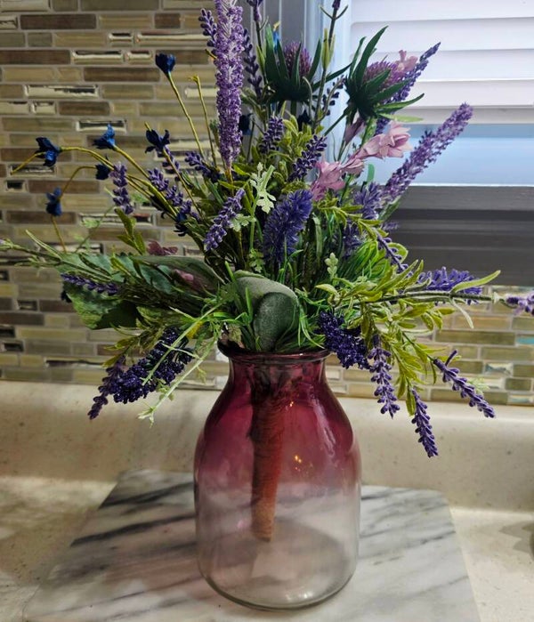 Pink Ombre 7" Glass Vase with Artificial Lavender & Thistle Bouquet