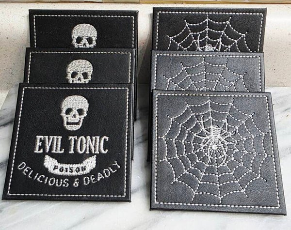 6pc Faux Leather "Evil Tonic" Embroidered  Square Coaster Set