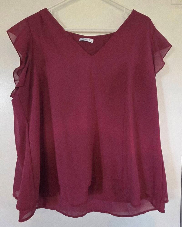 Alice CO Women's XL Burgundy Chiffon Ruffle Flutter Sleeve V-Neck Blouse