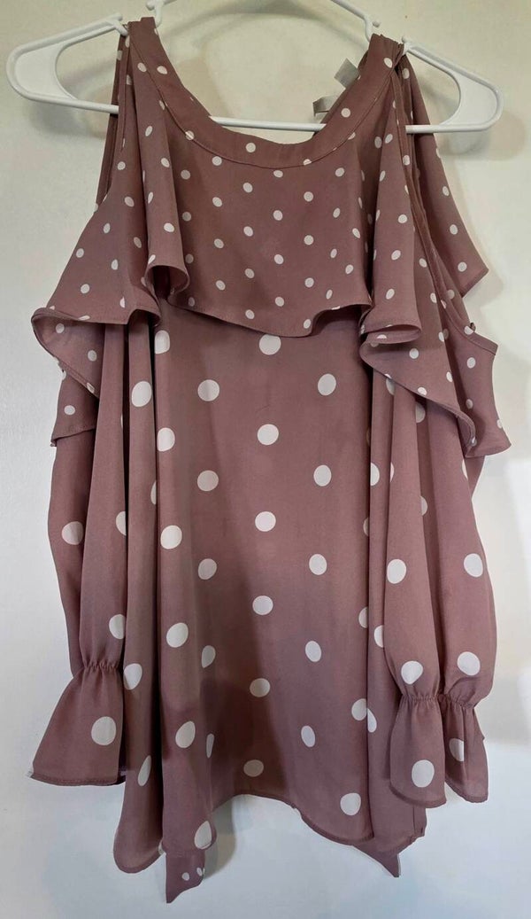 Cato Mauve/White Polka Dot V-Neck Cold Shoulder Ruffle Tie Blouse L