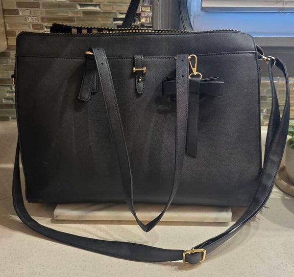Keyli Black PU Leather 15.6 Laptop Tote Bag-Built-In Charging Port/Bottle Holder