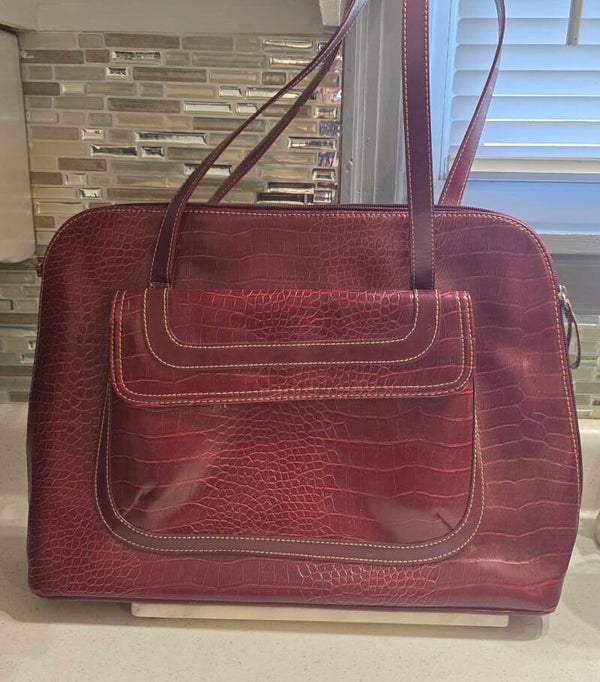 Attention Burgundy Croc Embossed Zip Top Handle 15.6" Laptop Tote Bag