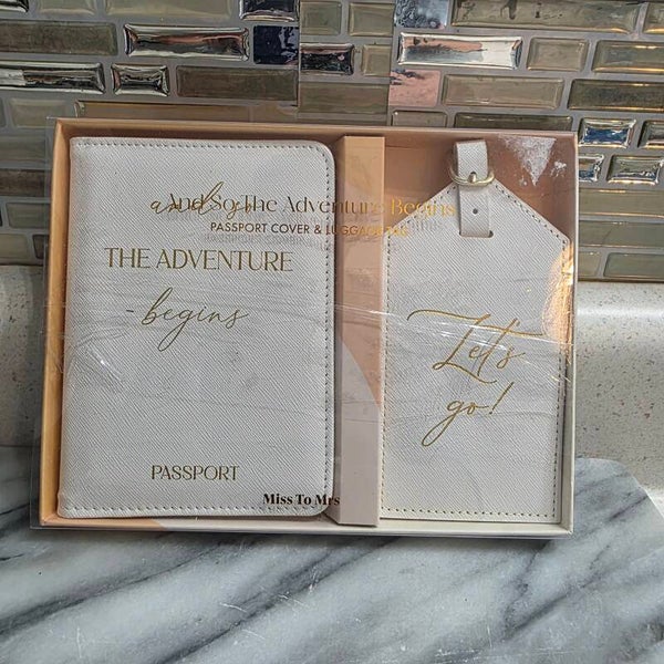 Miss To Mrs Faux Leather "And So The Adventure Begins" Passport Cover & Tag Set