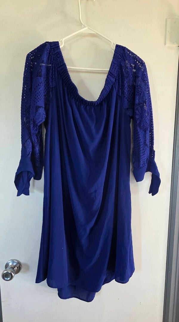 C Label Women’s 2XL Royal Blue Solid Off Shoulder Crochet 3/4 Tie Sleeve Dress