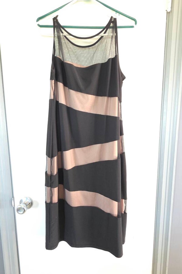 R&M Richards Women’s 16 Black Beige Striped Mesh Illusions Dress Sleeveless