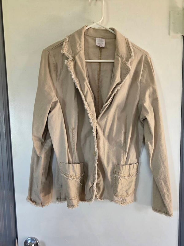 Women's Tan Button Front Jacket w/ Pockets Fringe Long Sleeve XL