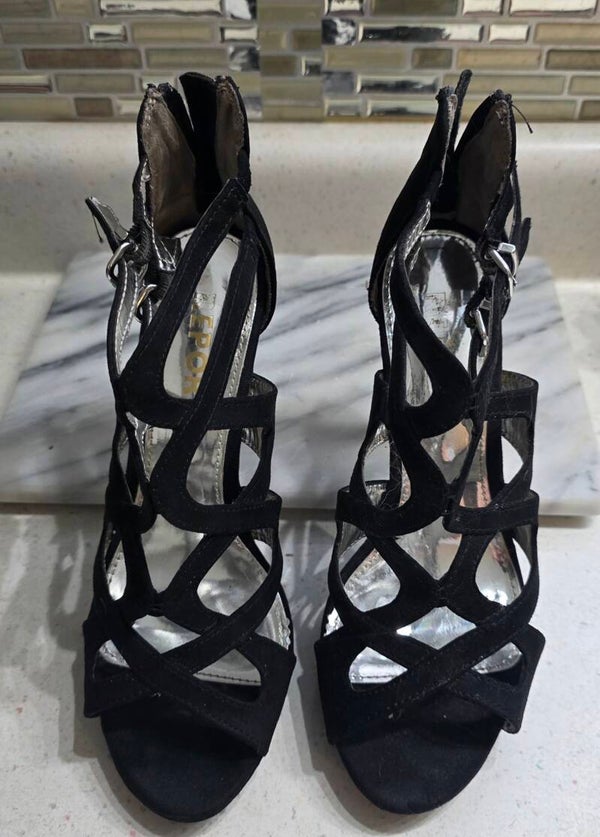 Report Black Strappy Stiletto Heels Open Toe Buckle Zipper Faux Suede Women's 8
