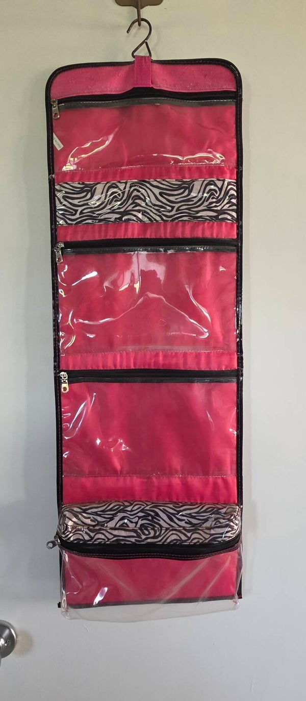 Modella Pink Zebra Hanging Foldable Makeup Organizer Clear Pockets