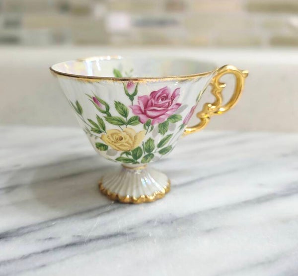 Vintage Ucagco Japan "June Rose" Iridescent Lusterware Gold-Trimmed Tea Cup