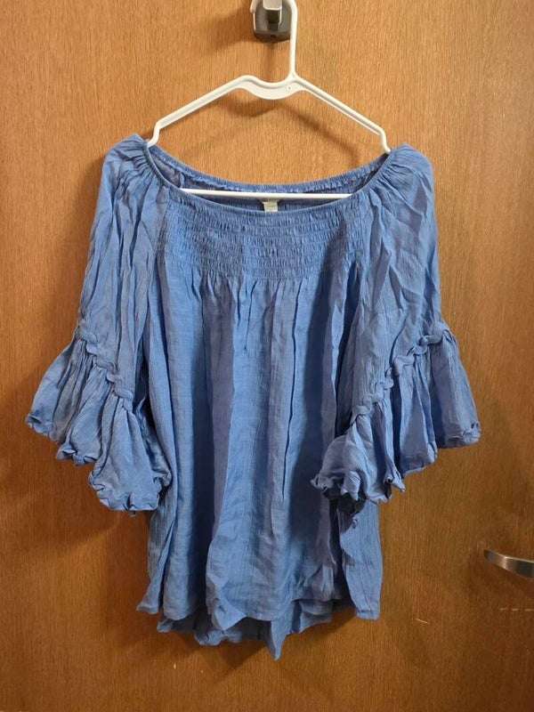 Cato Women's S Cornflower Blue Off-Shoulder Smocked 3/4 Flutter Sleeve Blouse