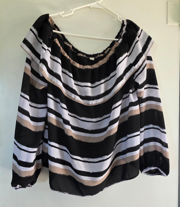 Cato Women's L Striped On/Off Shoulder Long Sleeve Blouse Regular