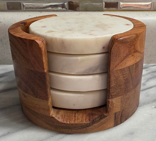 5pc Round Marble Coasters w/ Mango Wood Holder