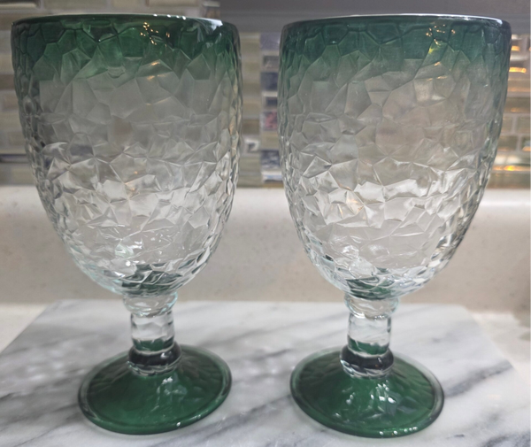 Vintage Libbey Glass Crackle Juniper Green Pair of Large Goblet Set of 2