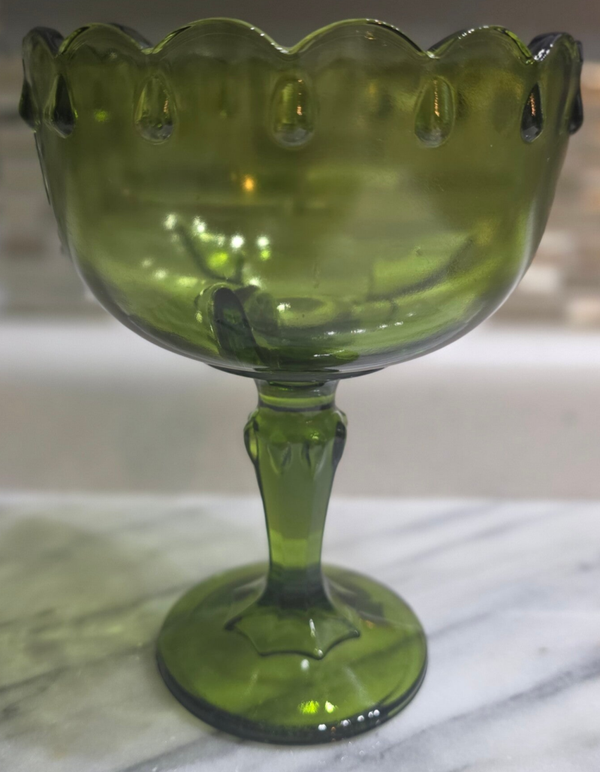 Indiana Glass Green Compote Dish-Teardrop Pattern/Scalloped Edge