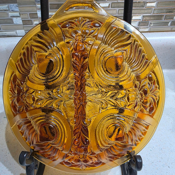 Vintage amber carnival glass divided serving dish with Killarney Pattern