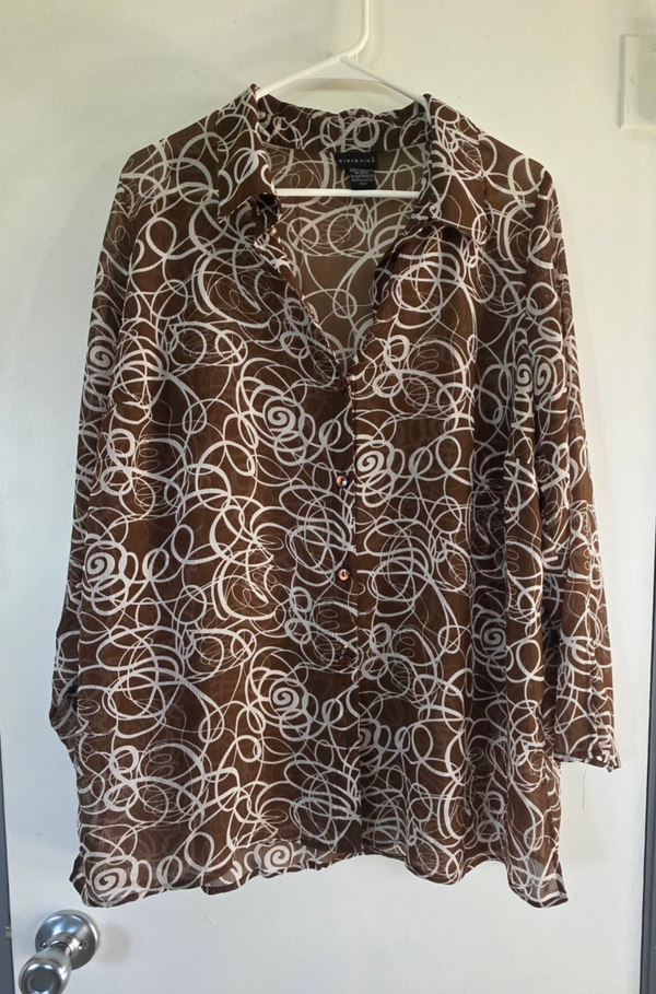 Citiknits Women's Semi-Sheer Brown/White Abstract Collared Button-Up Blouse 1X