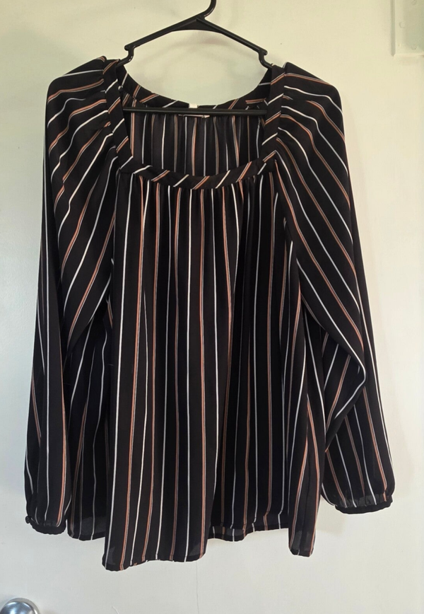Maurices Women's Black Pink/White Striped Square Neck Long Sleeve Blouse Size L