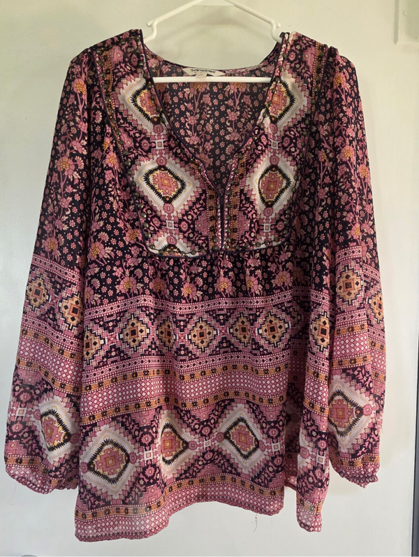Tantrums Women's Boho Aztec Floral Peasant Blouse Size XL