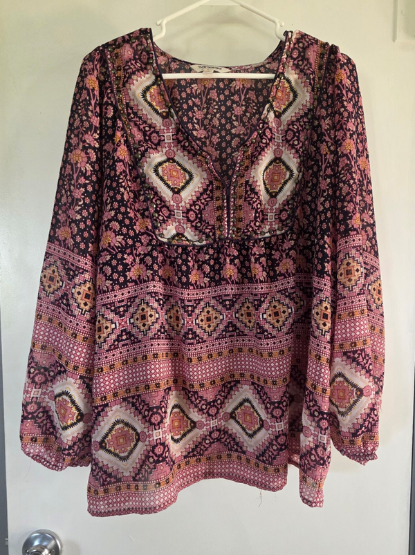 Tantrums Women's Boho Aztec Floral Peasant Blouse Size XL