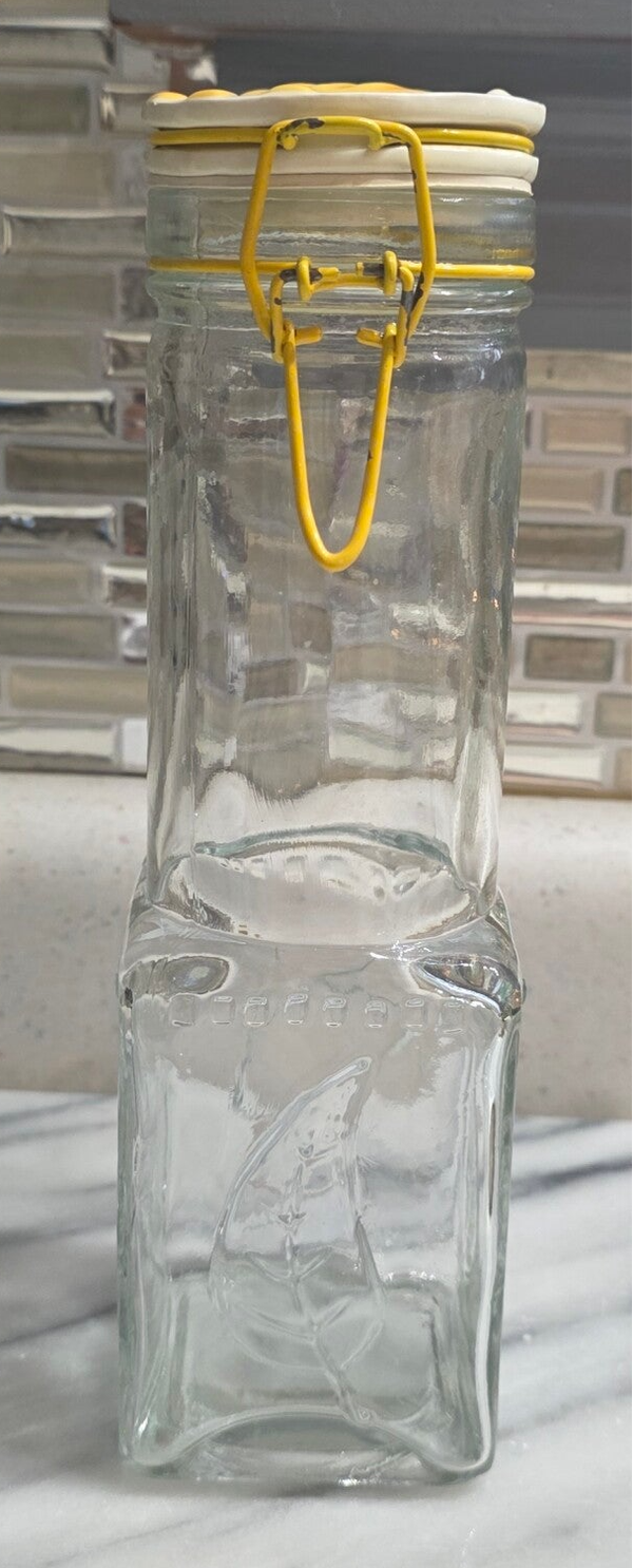 Vintage Glass 9" Canister with Yellow Trigger Clasp Lid
