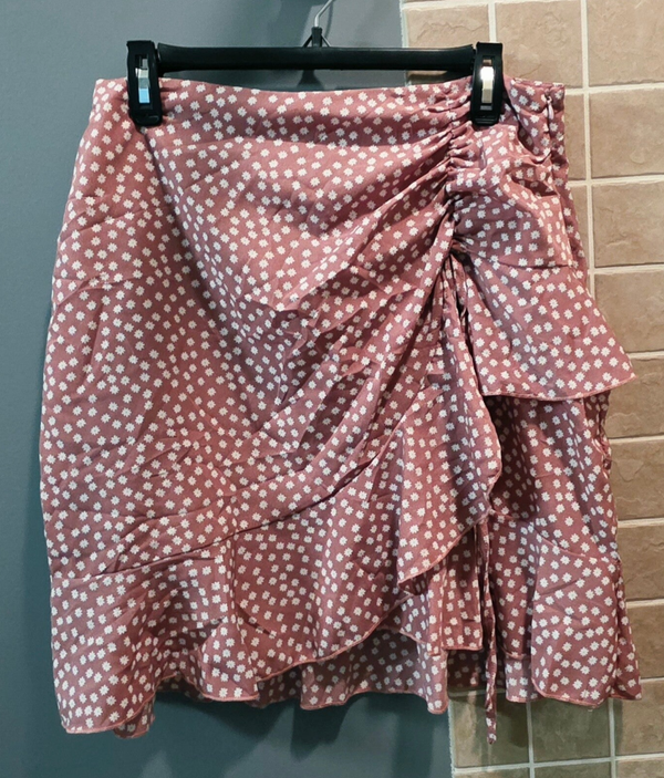 Women's Large SHEIN Ditsy Floral Ruched Ruffle Trim Wrap Mini Skirt