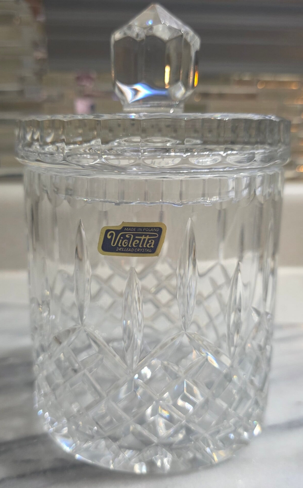 Violetta 24,% Lead Crystal Hand-Cut Glass Jar with Lid-Made in Poland
