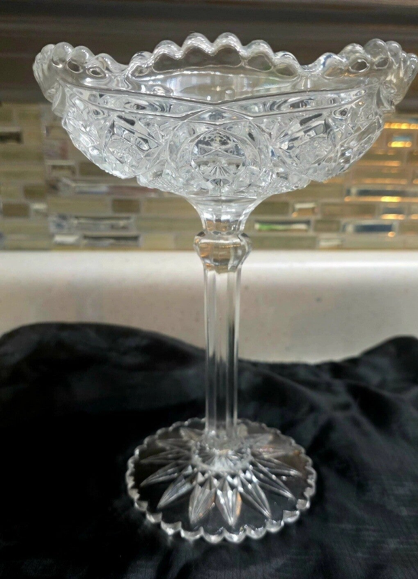 American Brilliant Cut Glass Compote With Scalloped Rim