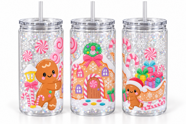 Pink Peppermint Gingerbread Village — 16 oz Acrylic Snow Globe Tumbler