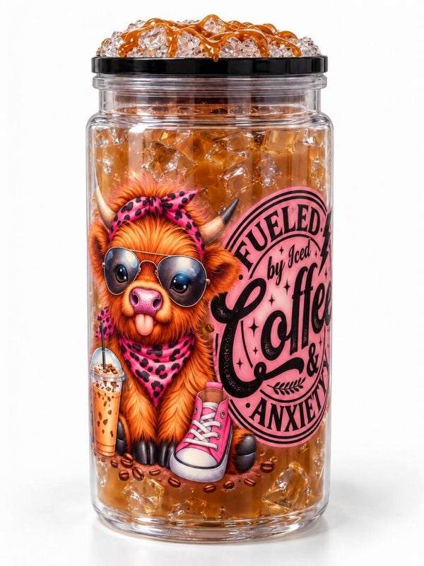 Fueled by Iced Coffee & Anxiety — 16 oz Acrylic Snow Globe Tumbler