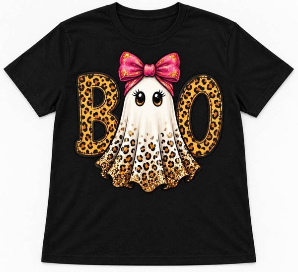 Leopard Boo & Pink Bow Tee