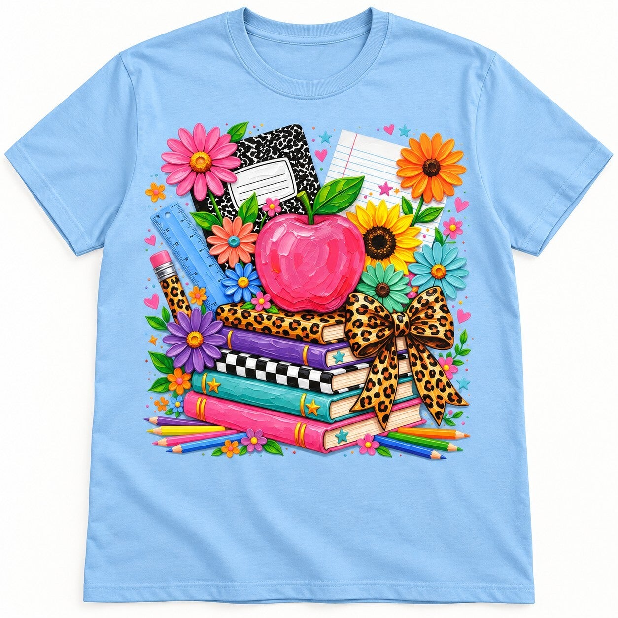 Books, Blooms & Leopard Bow Teacher Tee