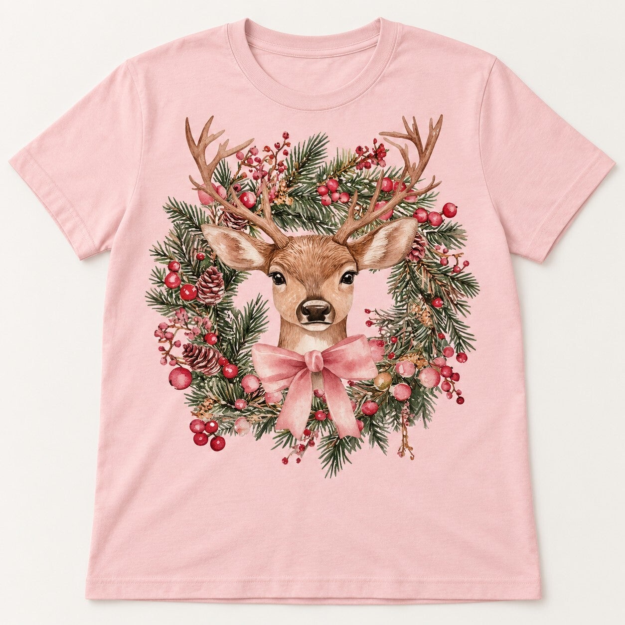 Christmas Deer & Pink Bow Tee