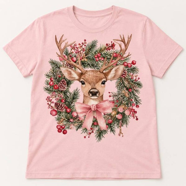 Christmas Deer & Pink Bow Tee
