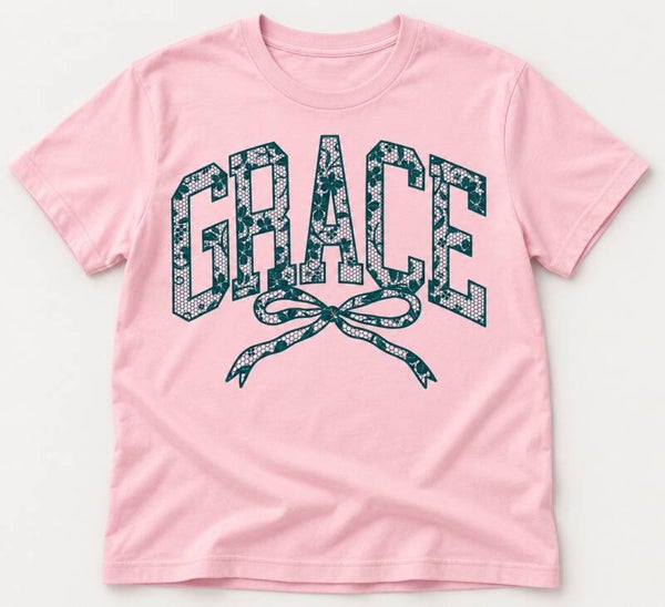 Grace Teal Floral Lace Bow Tee
