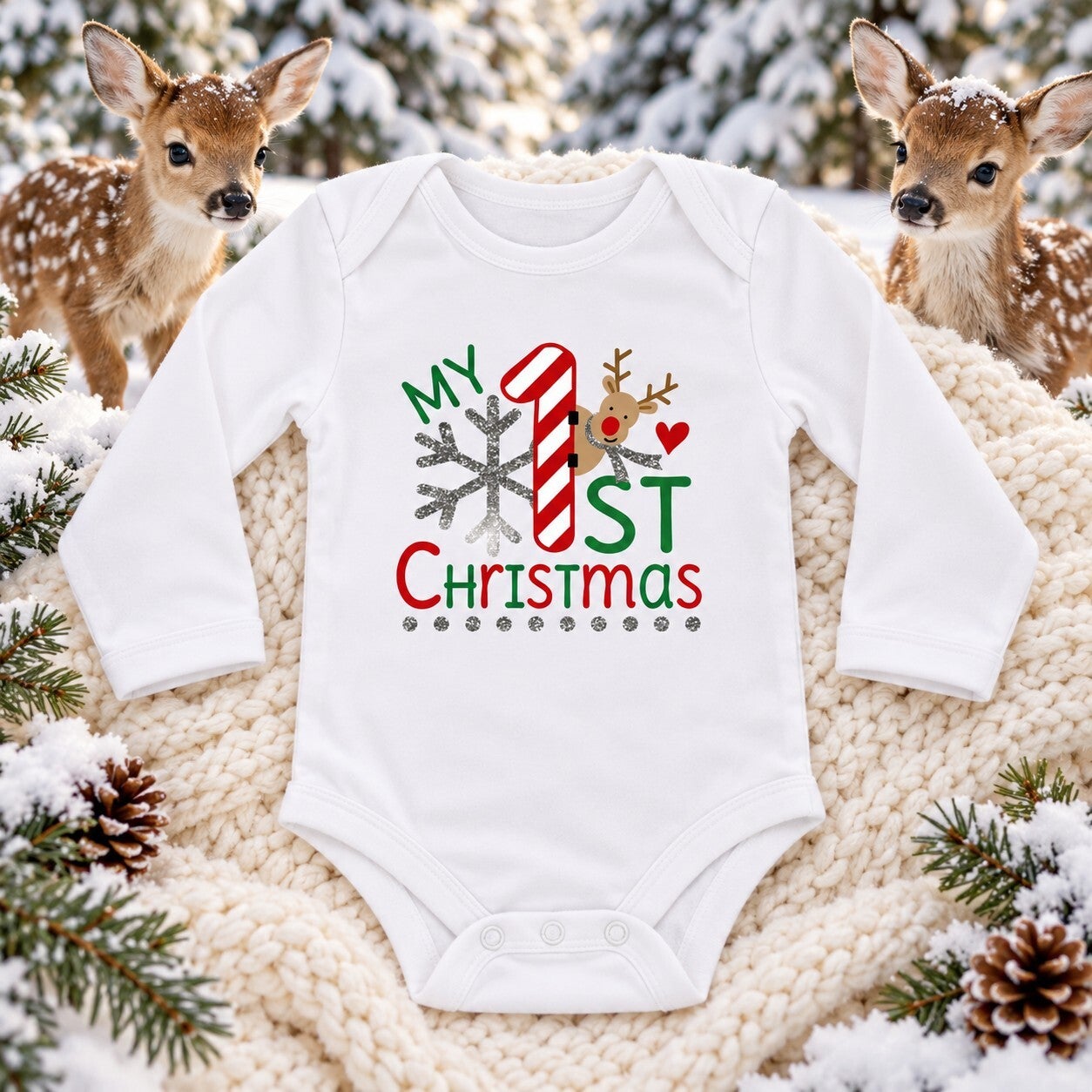 My First Christmas — Reindeer Long Sleeve Bodysuit