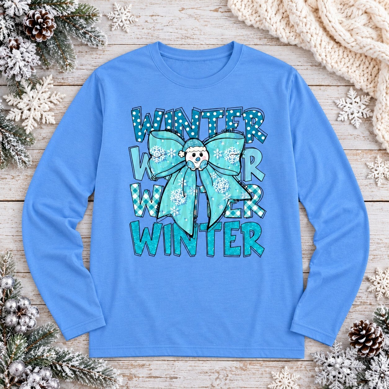 Winter Snowman Bow — Long Sleeve Graphic Tee