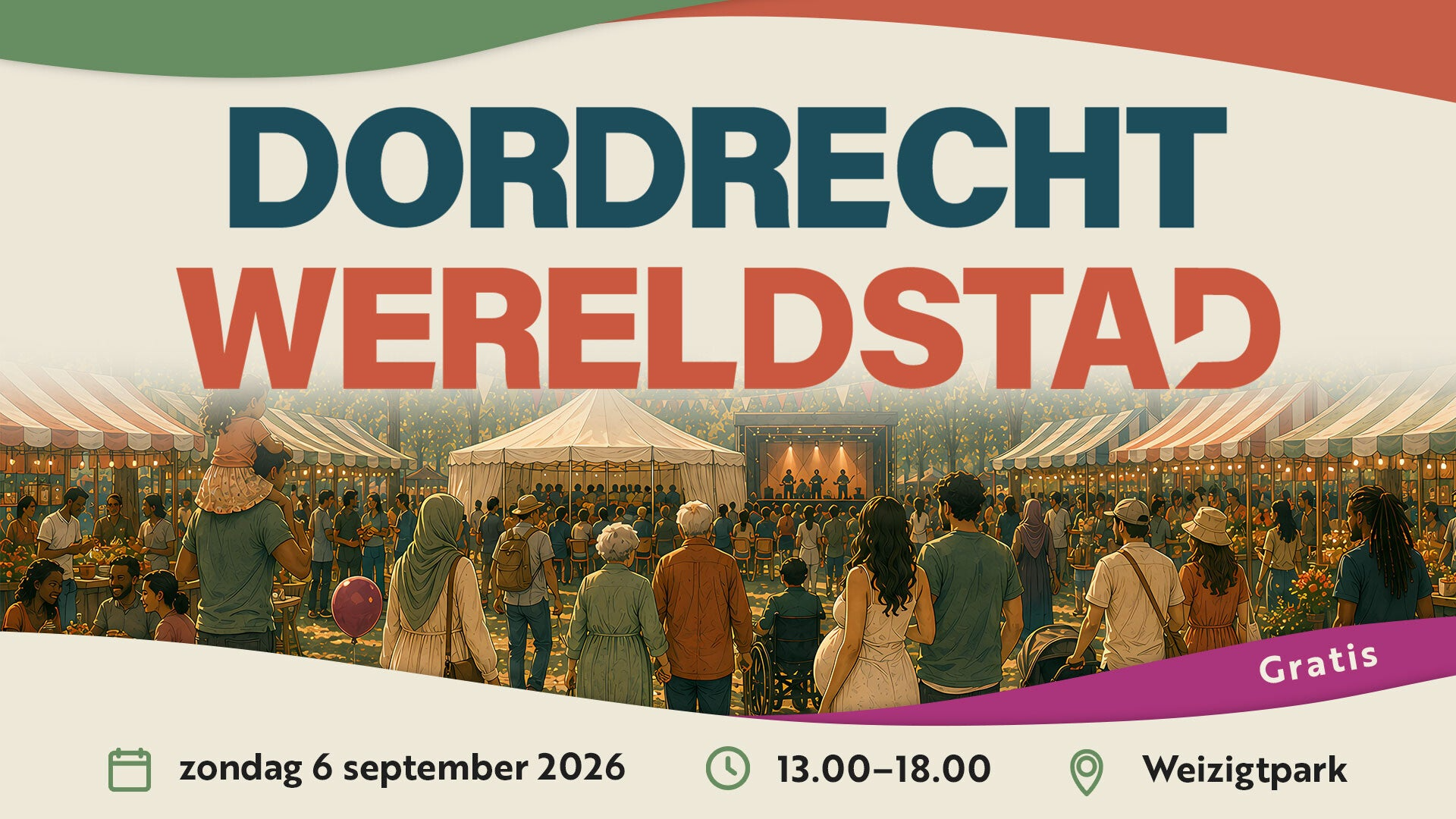 Dordrecht Wereldstad 2026 — festival in het Weizigtpark, Dordrecht, zondag 6 september, gratis toegang.