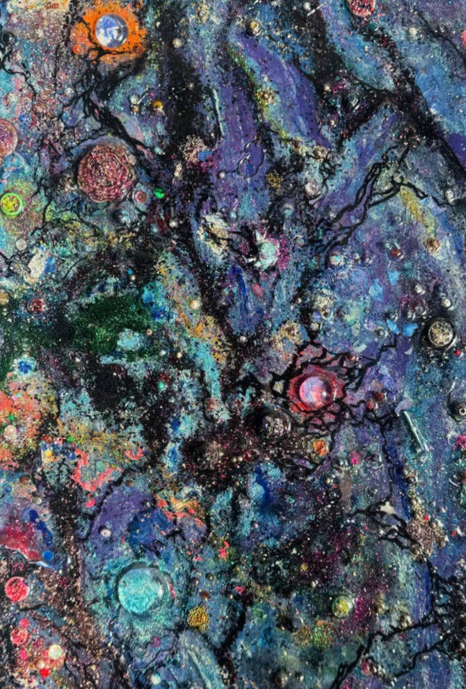 A rectangular shaped canvas, dancing with purples, blues and yellows, shining brightly in regular lighting, with intricate detalls fused with black lacing throughout.