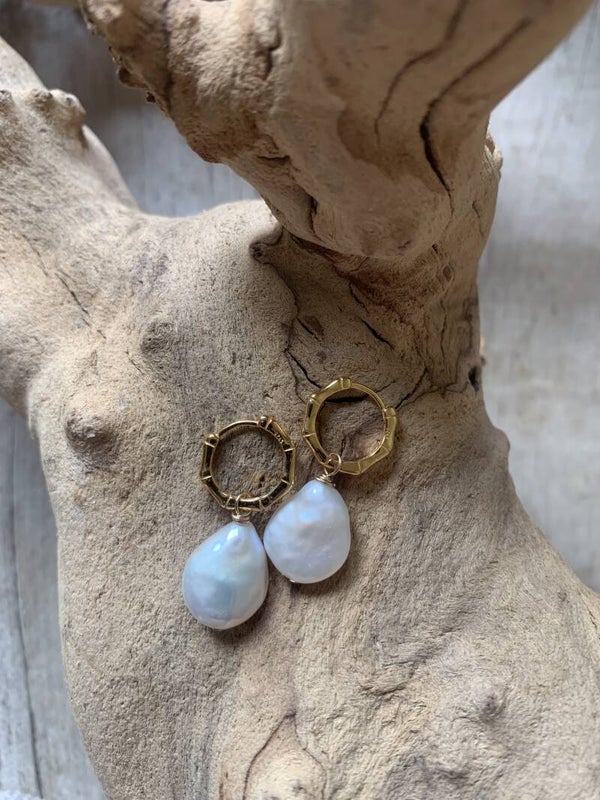 Baroque Teardrop Gold Bamboo Hoops