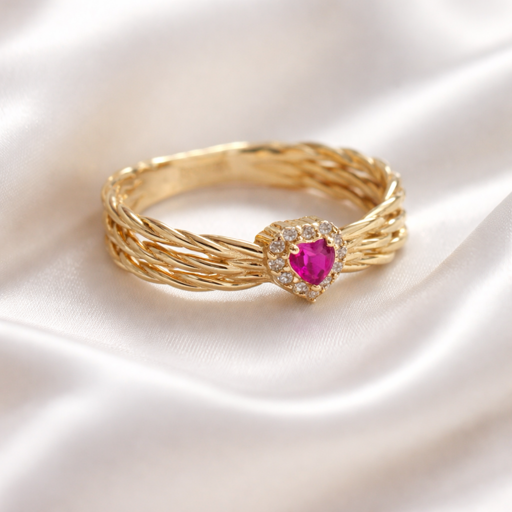 14K Yellow Gold Heart Pink Ring