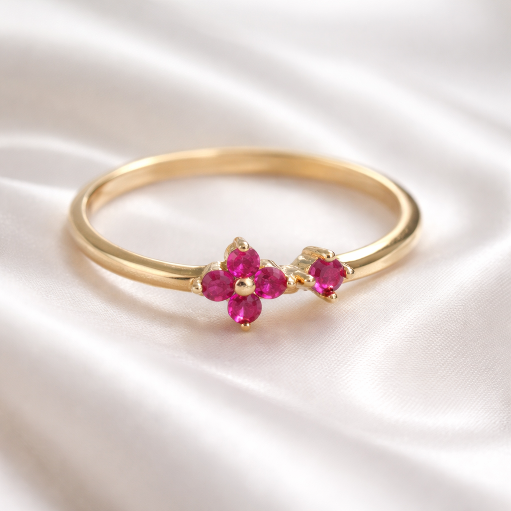 14K Yellow Gold Pink Flower Ring