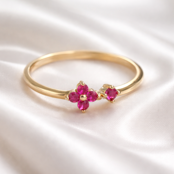 14K Yellow Gold Pink Flower Ring