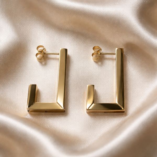 14K Yellow Gold Geometric Square Hoop Earings