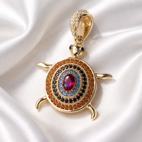 14K Yellow Gold Turtle Pendant with Multicolor Stones