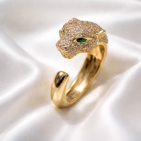 14K Yellow Gold Panther w Green Eyes Ring